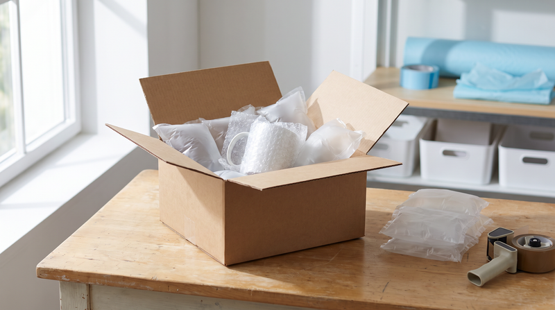 Paket polstern: Versandkarton mit mittig platzierter Ware und Luftpolsterkissen in den Hohlräumen