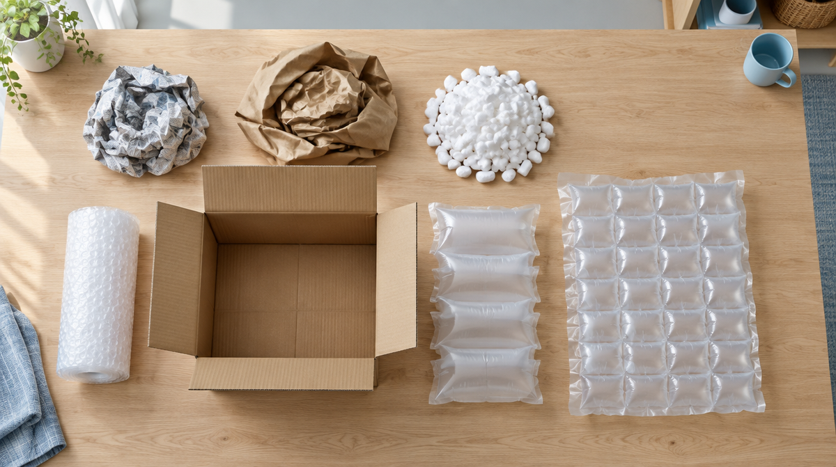 Füllmaterial für Pakete im Vergleich: Zeitungspapier, Packpapier, Verpackungschips, Luftpolsterfolie, Luftpolsterkissen und Luftpolstermatte um einen offenen Versandkarton