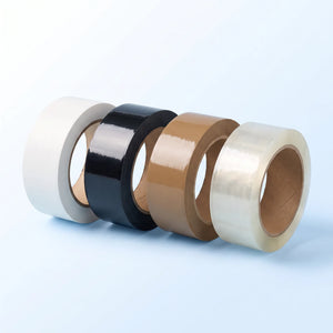 Paketband in vier Farben nebeneinander: Premium-Klebeband in Weiß, Schwarz, Braun und Transparent, je Rolle 48 mm × 66 m